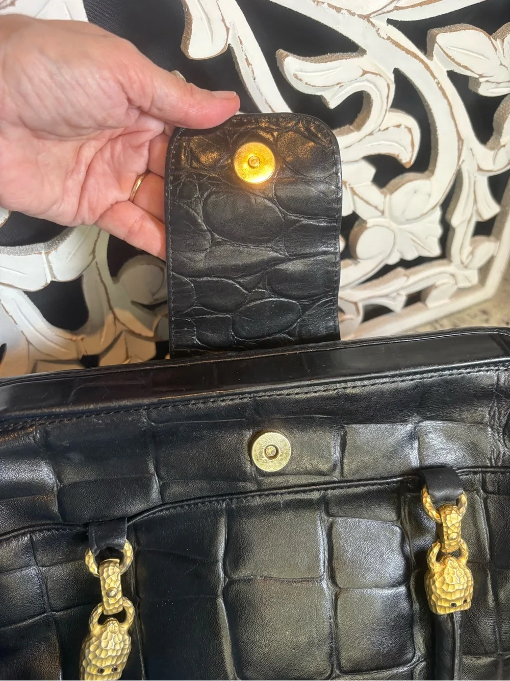 Peruzzi VTG Black Croc-Embossed Leather Satchel Handbag Made in Florence Italy